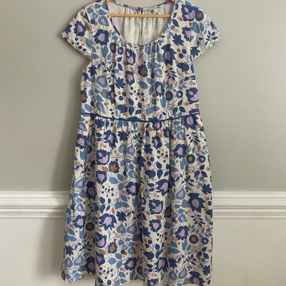 Boden Linen Cap Sleeve Blue Floral Dress US Size 14 Pockets Lined Fit & Flare